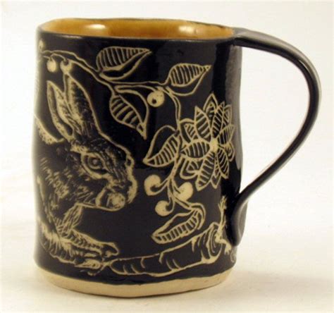 Lovely Sgraffito Bunny Rabbit On Mug Black Mug With Amber Interior