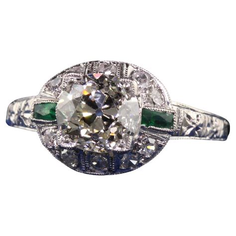 Antique Baguette Emerald And Old Cut Diamond Art Deco Cocktail