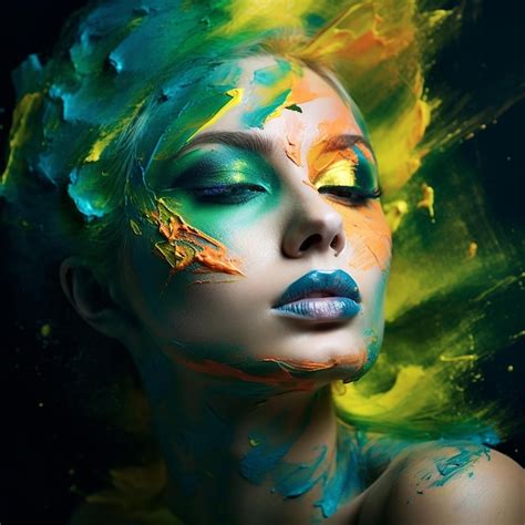 Premium AI Image A Woman With Green Eyes And A Colorful Painting Of A