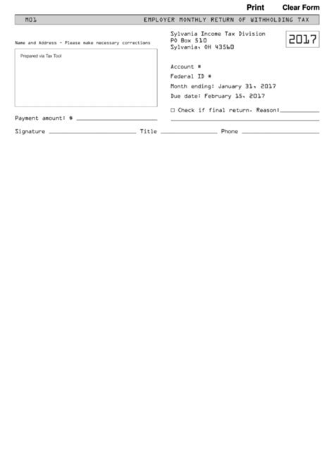 Fillable Employer Monthly Return If Withholding Tax Form printable pdf ... 