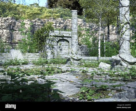 3D Illustration Abandoned Temple Ruins in the Forest Stock Photo - Alamy