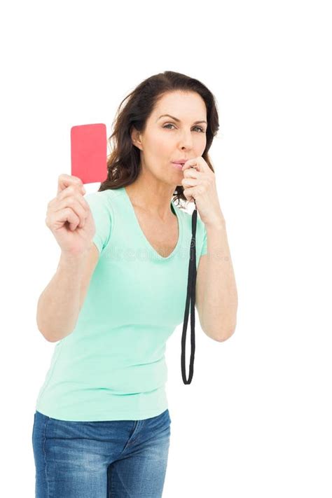 Mature Woman Blowing Whistle And Holding Red Card Stock Image Image Of Holding Casual