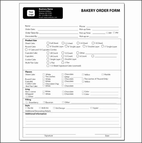 Template Free Home Bakery Order Form Pdf