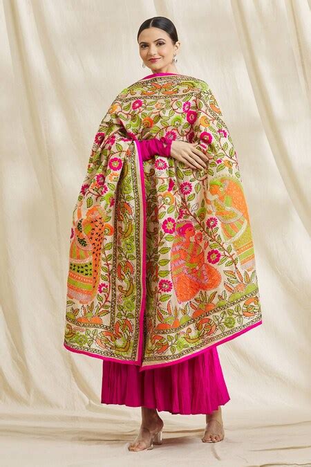 Buy Beige Embroidered Phulkari Cotton Chanderi Work Dupatta For Women