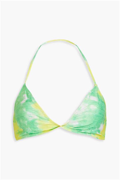 Ganni Twisted Printed Triangle Bikini Top In Green Modesens