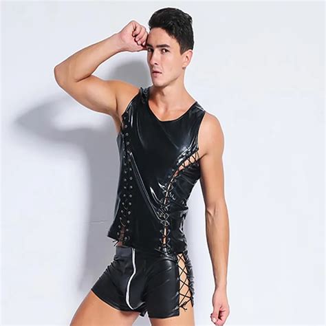 Sexy Men Faux Leather Shiny Pvc Tank Tight Thin Vest Club Dance