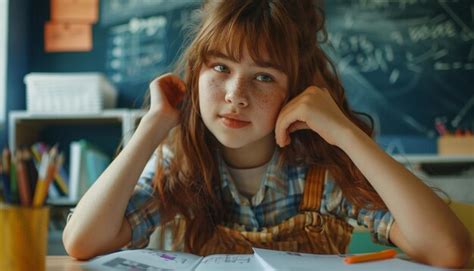 A Girl Doing Math On Classroom Sitting On His Desk With Blur Blackboard In The Background