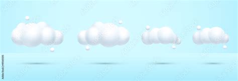 White 3d Realistic Clouds Set Isolated On A Pastel Background Cartoon