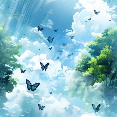 Premium Ai Image Tranquil Sky With Butterflies In Detailed Anime Art