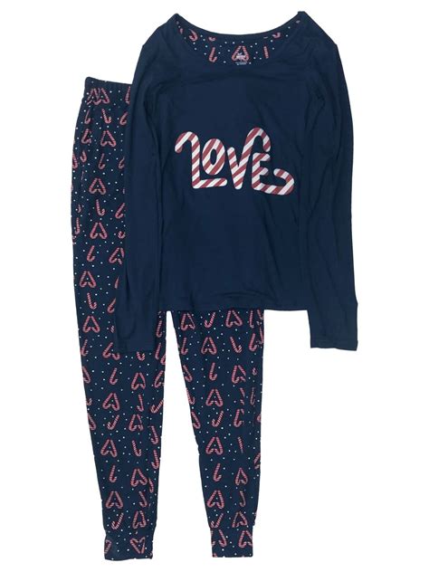 Womens Blue Candycane Love Christmas Holiday Pajamas Soft Knit Sleep