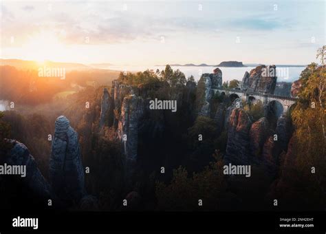 Beautiful panoramic view of Bastei Bridge (Basteibrucke) at sunrise ...