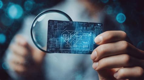 Closeup of hands holding magnifying glass over digital ID card