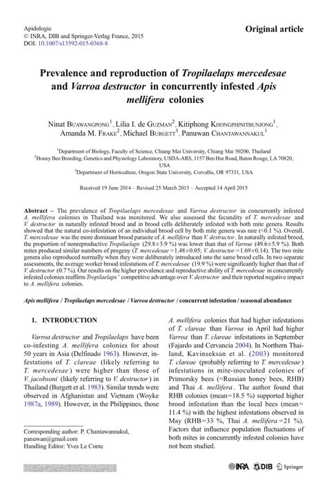 prevalence  reproduction  tropilaelaps mercedesae  varroa