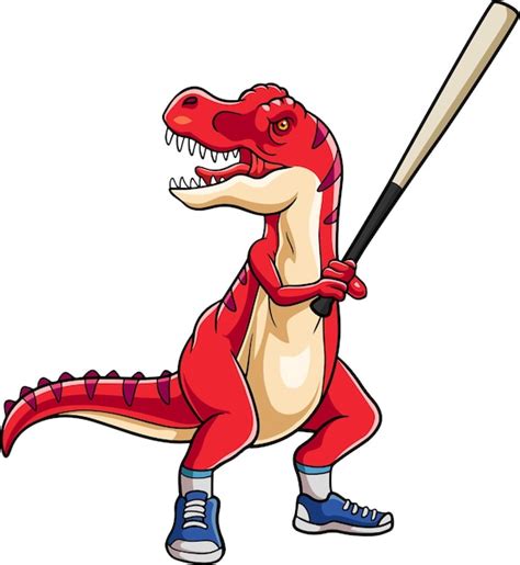 Desenho Animado Dinossauro Vermelho Um Jogador De Beisebol Vetor Premium