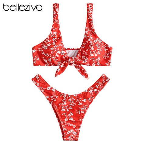 Bellziva Floral Padded Tiny Bikini Floral Knotted Monokini Plunging