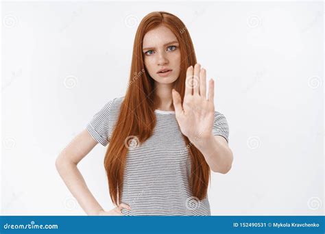 Wait Sec Hold On Perplexed Displeased Angry Redhead Serious Looking Girl Raising Palm Stop