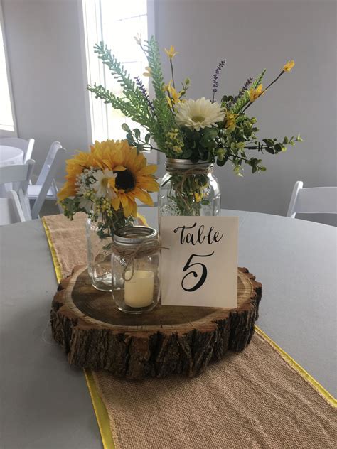 Rustic Centerpiece Using Mason Jars Sunflowers Greenery Wood A