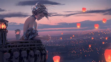 Hd Wallpaper Princess Painting Sky Lanterns Wind Balcony Wlop