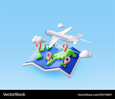 3d airplane in clouds and paper map Royalty Free Vector