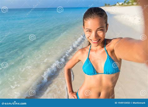 Selfie Beach Fun Bikini Woman Smiling At Camera Taking Picture On