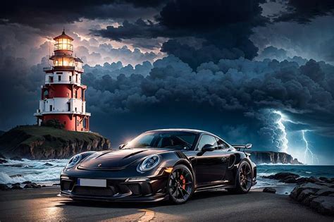 HD wallpaper: sea, the storm, lightning, lighthouse, sports car ...