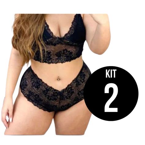 Kit 2 Conjuntos Lingerie Plus Size De Renda Espera Marido Cropped E