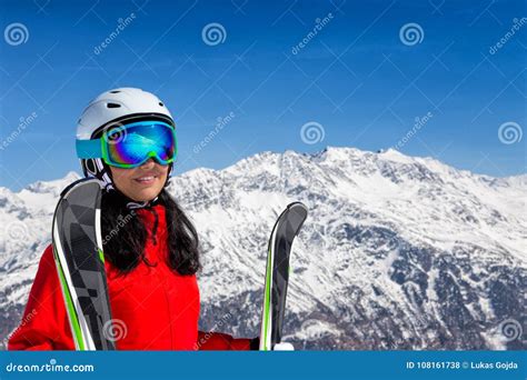 Beautiful Brunette Woman With Ski Stock Photo Image Of December Respite