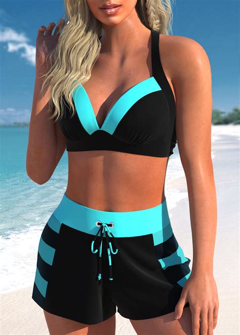 Rotita Plus Size High Waisted Patchwork Striped Black Bikini Set