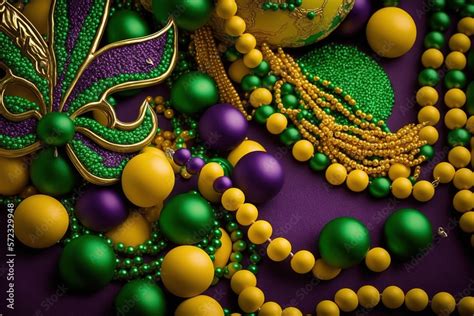 Mardi gras carnival decoration beads yellow green purple background ...