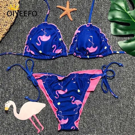 Oiyeefo Sexy Flamingo Print Blue Bikini Brazilian Halter Frilly