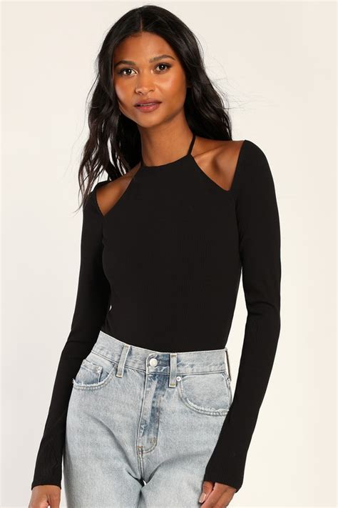 Cute Black Bodysuit Halter Neck Bodysuit Long Sleeve Bodysuit Lulus