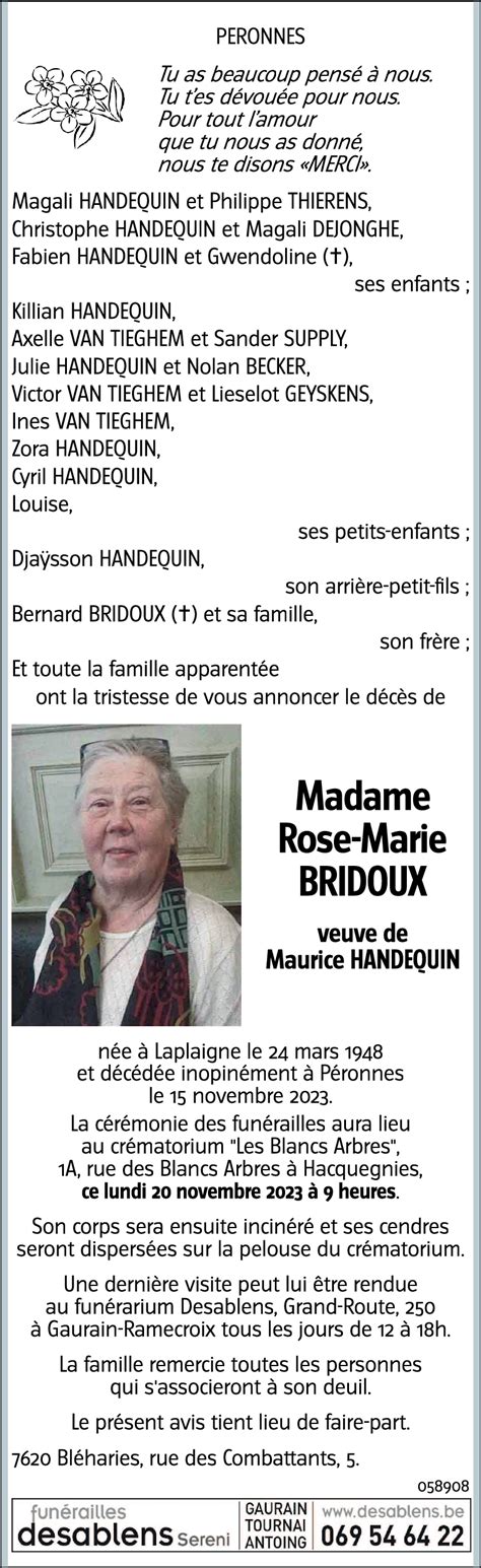 Avis De D C S De Rose Marie Bridoux D C D Le P Ronnes Lez