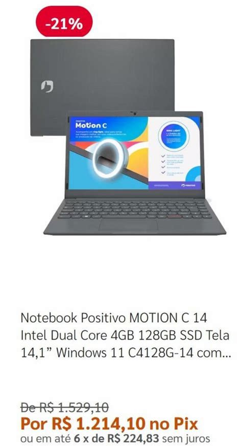 Notebook Positivo MOTION C 14 Intel Dual Core 4GB 128GB SSD Tela 14 1