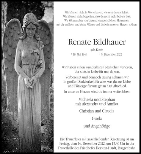 Traueranzeigen Von Renate Bildhauer Sich Erinnern De