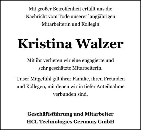 Traueranzeigen Von Kristina Walzer Trauer Anzeigen De