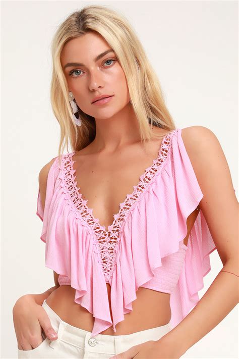 Boho Light Pink Top Crop Top Lace Top Flounce Top Lulus