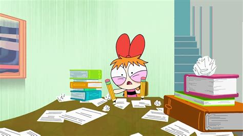 A Cartoon Character Sitting At A Desk With Lots Of Papers On The Table