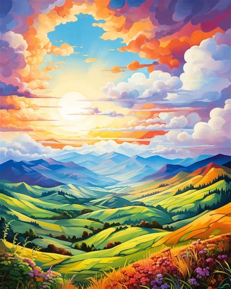 Premium Photo | A painting of a mountain landscape with mountains and ...