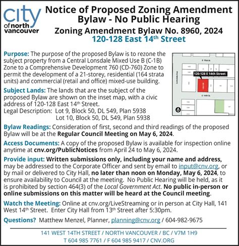 Notice Of Proposed Zoning Amendment Bylaw No Public Hearing North