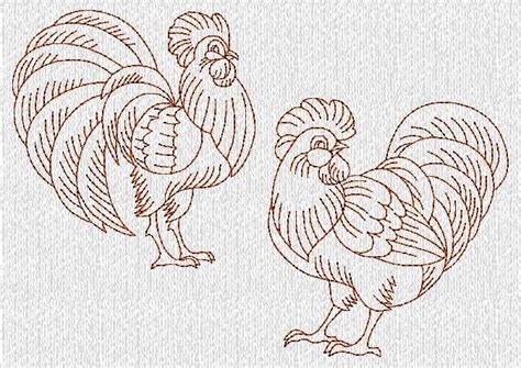 Hen And Rooster Redwork Machine Embroidery Designs 7 00 Via Etsy