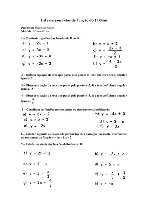 Lista De Exercícios De Função Do 1º Grau