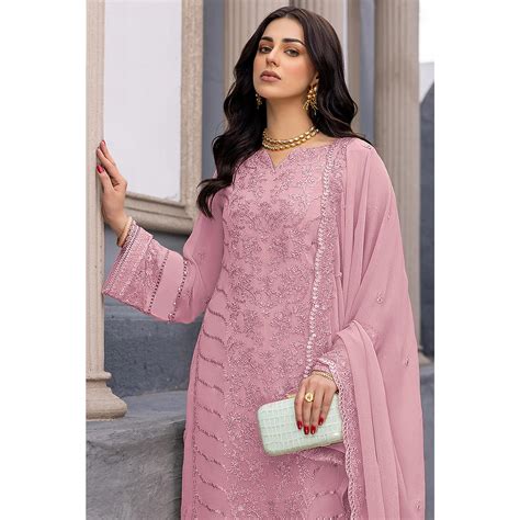 Pink Floral Embroidered Georgette Semi Stitched Suit