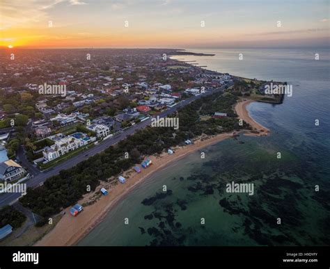 Aerial View Of Sunrise At Brighton Beach Coastline Melbourne Victoria