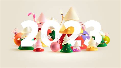 New Year 2023 White Big Letters With 3d Colored Christmas Trees