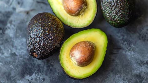 Three Avocados Are Cut In Half And Sitting On A Table AI Stock Image