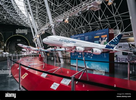 Models of Airbus aircrafts at the Aeroscopia museum near Toulouse in ...