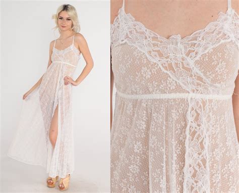 White Lace Nightgown Sheer Slip Dress 70s Maxi Sexy Lingerie Vintage Boho Sheer Nightgown 1970s
