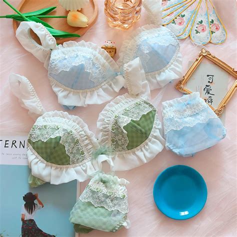 Roupa Interior Japonesa Feminina Xadrez Lingerie Cuecas Terno Malha Rendas Doce Nenhum Anel