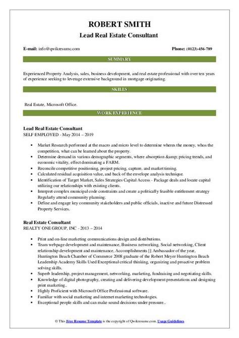 Real Estate Consultant Resume Samples Qwikresume