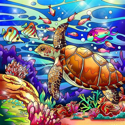 Whimsical Turtle Painting with Ocean Life